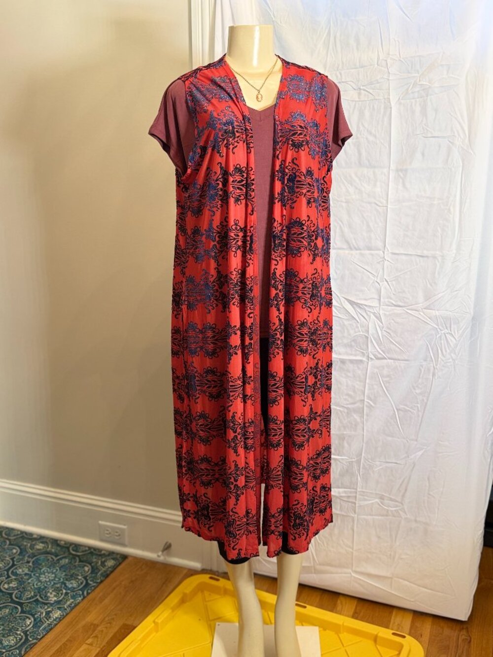 Lularoe Red and Navy Joy Duster Vest Women's L. Like New!